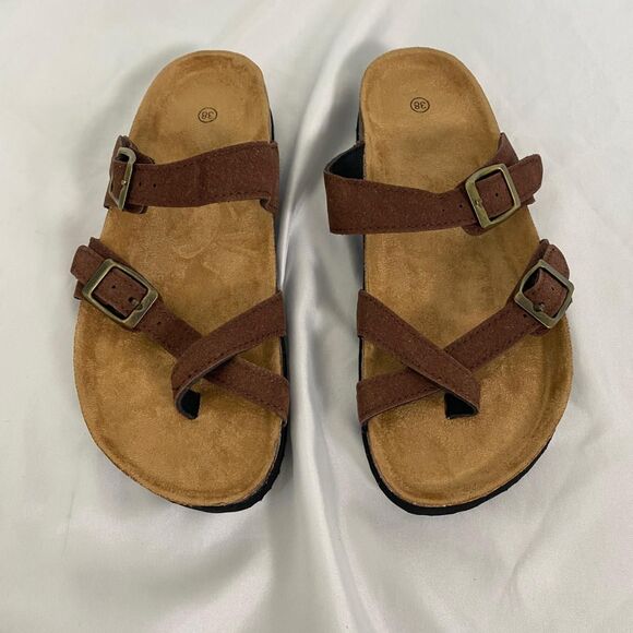 Boho Dark Brown Faux Suede Brassy Gold Buckle Criss Cross Sandals EU 38 / US 7.5 - Picture 2 of 6